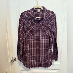 Duluth Trading Co Women's Plaid Button Down Shirt - Purple and White